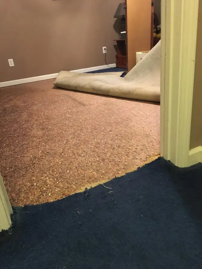 Carpet pad removal revealing water damage during Water Mitigation Services in Galliano